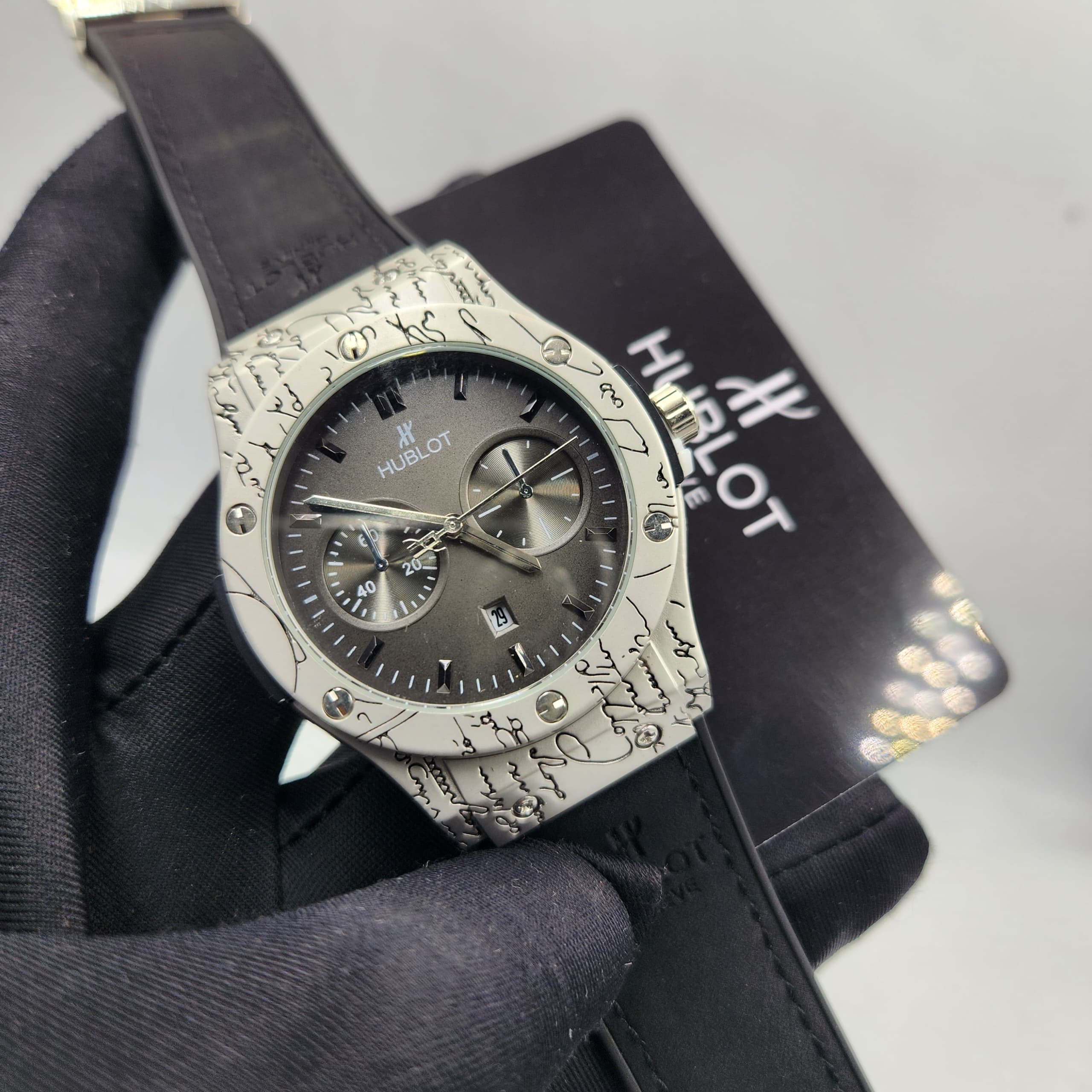 Hublot Classic Engraved Chronograph – Silver Case Grey Dial Rubber Strap